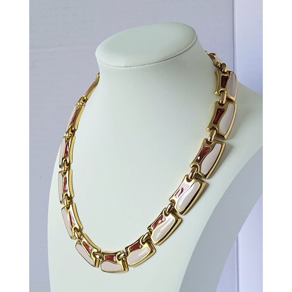 Chic Pink & Red Enamel & Gold Link Statement Necklace